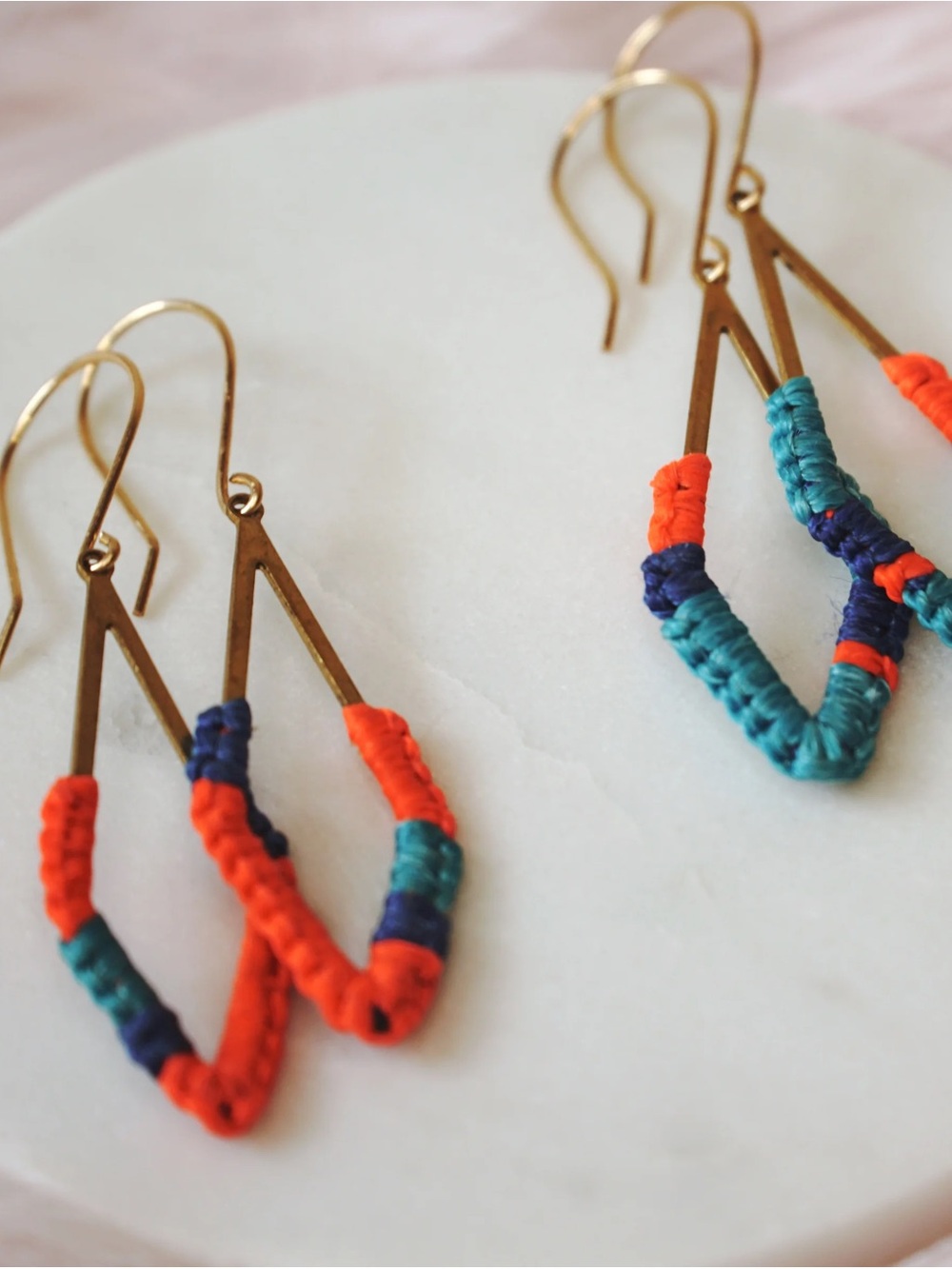 Handmade Macrame Wrapped Teardrop Earrings - Turquoise & Orange